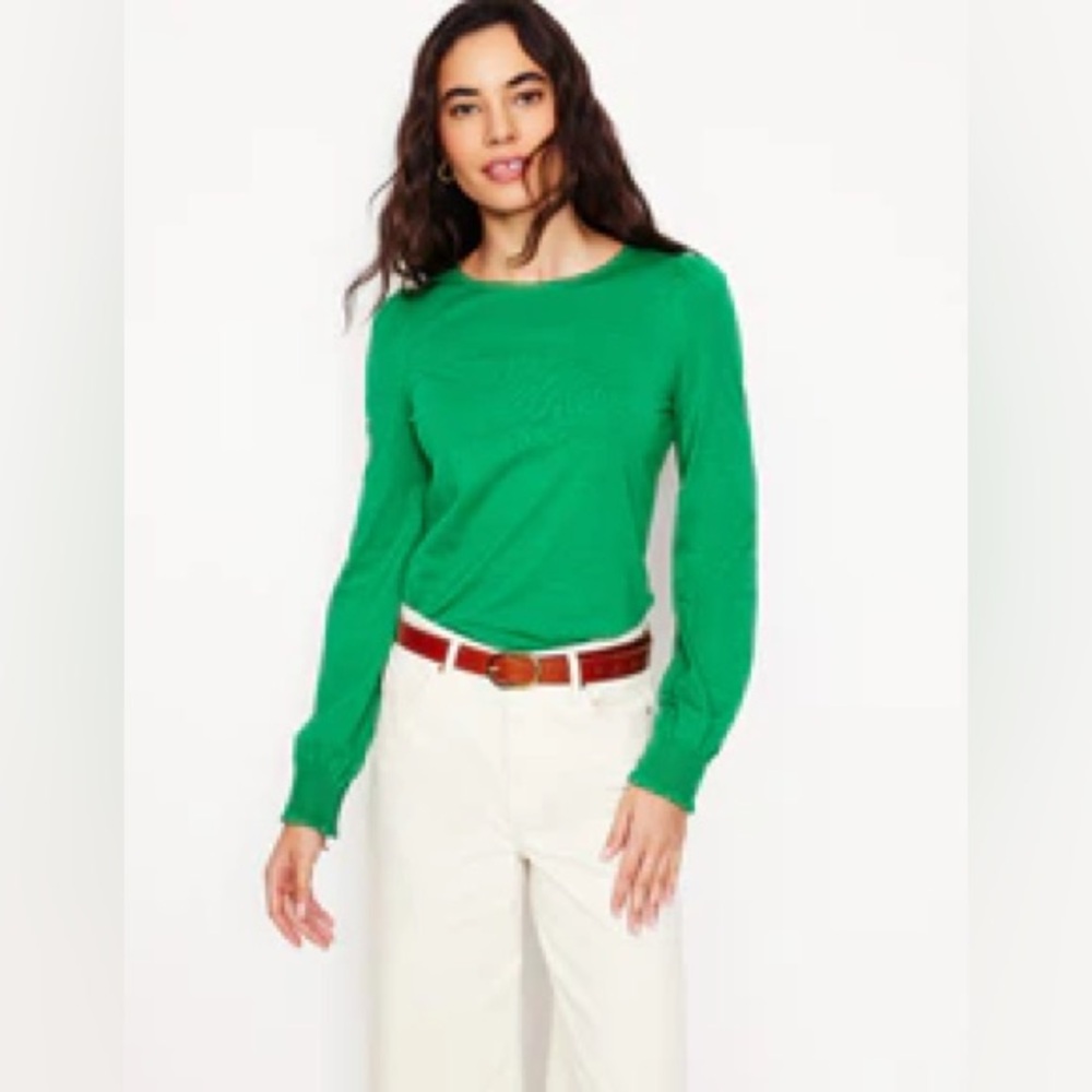 Boden Green Cotton‑Modal Long Sleeve Top – Size L (US 10) – Gathered Cuffs